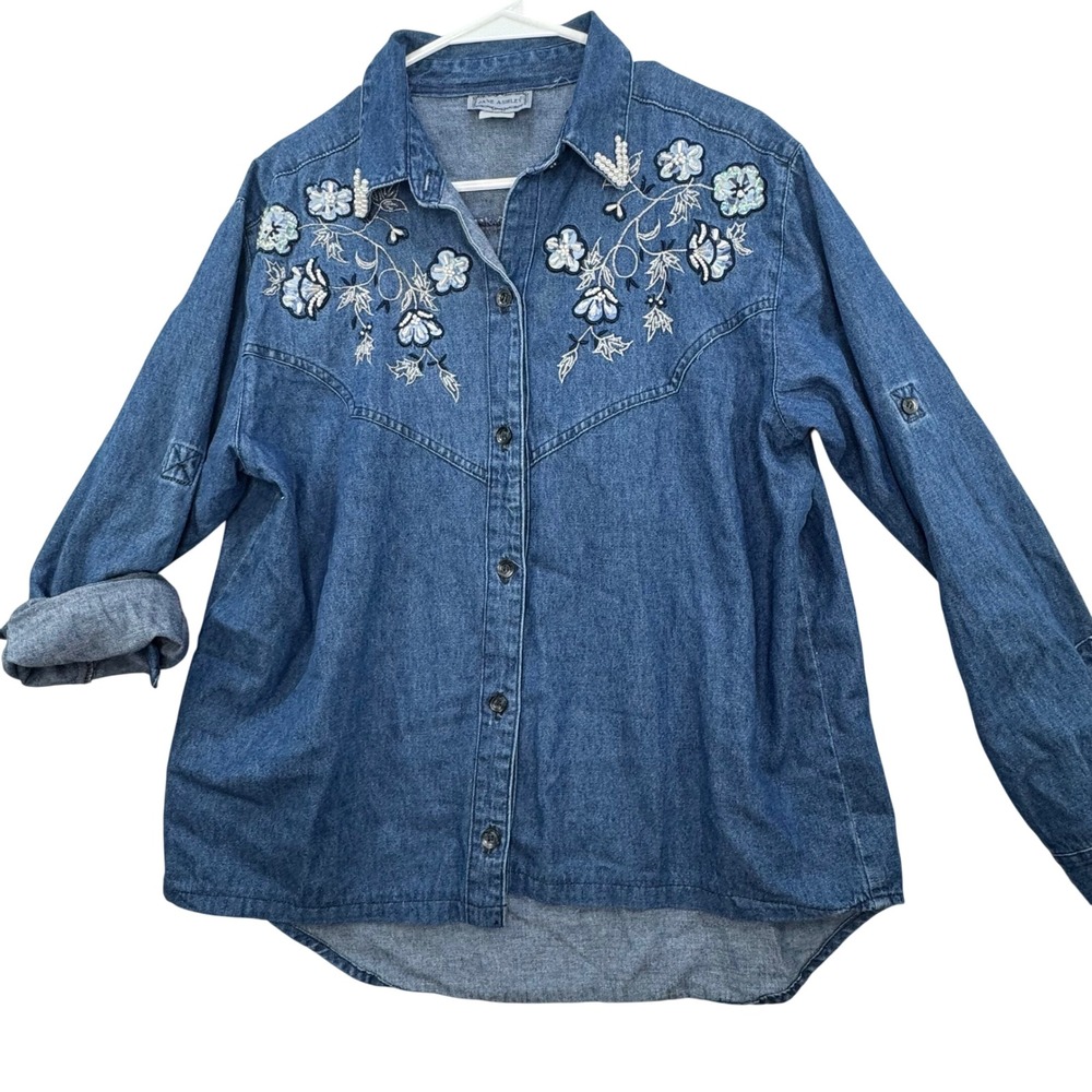 VTG Jane Ashley Button Down Shirt Womens Large‎ Embroidered Floral Western Denim